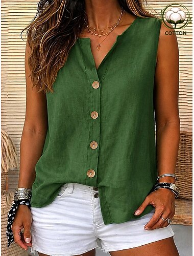  Damesblouse van katoen en linnen met knoopjes, effen kleur, geschikt voor vakantie, dagelijks gebruik, casual, mouwloos, 3/4 mouwen, V-hals, normale pasvorm, casual, dagelijks gebruik, uitgaan, kaki,