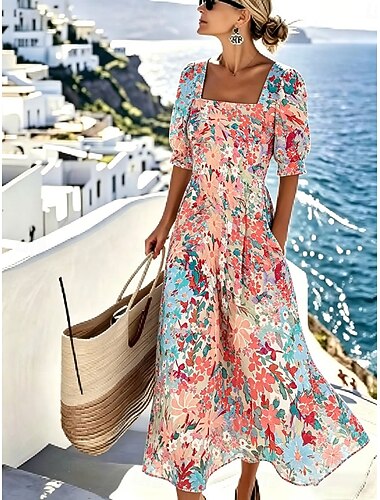  Damen Midikleid Freizeitkleid A Linie Kleid Elegant Urlaub Stilvoll Strand Ferien Normale Passform Blumen Grafik Halbarm Rundhalsausschnitt Blau Rote Orange Sommer Frühling