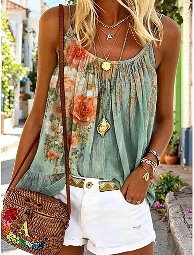  Mujer Camiseta sin mangas tipo camisola Estampado Floral Graphic Plantas Bohemia Vintage Moda Sin Mangas Correas Tops regulares Casual Diario Azul Piscina Verde Trébol Verano Primavera