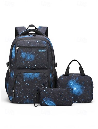  Studentenrugzakset met sterrenstelselthema voor jongens &Grote schooltas van polyester voor tieners, inclusief lunchtas. &Pennenetui, waterafstotend, meerdere vakken, trolleybevestiging, terug naar