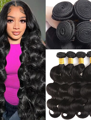  4 paquetes Tejidos de cabello Cabello Brasileño Ondulado Grande Extensiones de Pelo Natural Pelo Natural Extensiones Naturales 8-30 pulgada Negro Color natural Suave Grueso Para mujeres de color