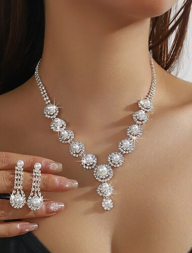  Set di orecchini 2 Perla Cromo Orecchini Collana Per donna Lusso Rotondo Parure di gioielli Per Matrimonio