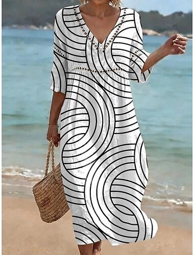  Damen Maxikleid Shiftkleid Sommerkleid Urlaub Party Lässig Täglich Strand Party Lässiger Schnitt Blumen Grafik Dreiviertelarm V Ausschnitt Blau Weiß Rosa Grau Sommer Frühling