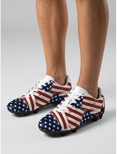  Voetbalschoenen voor heren met Amerikaanse vlagprint - blauw+rood, met antislip rubberen zool, ademend sportschoeisel voor trainingen, fanbijeenkomsten, wedstrijden en buitenactiviteiten.