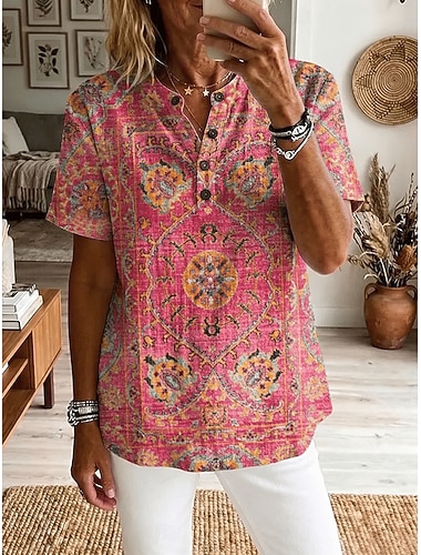  Mulheres Camisa Social Túnica Gráfico Estampado Cashemere Elegante Moda Diário Manga Curta Decote V Tops regulares Casual Diário Azul Rosa Laranja Verão Primavera
