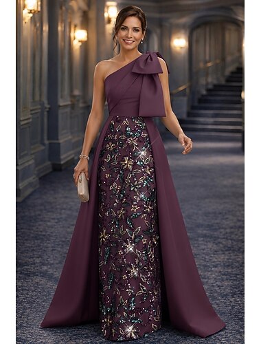  A-lijn Strak kolom Tot de grond Bruiloft gast jurk Formele jurk Avondjurk Moeder van de bruid jurk Mouwloos Eén-schouder Elegant Vintage Luxueus Formeel Satijn Pailletten met Strik(ken) Appliqués