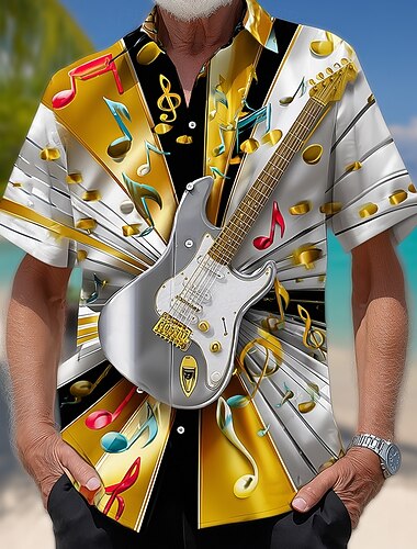  Miesten Kitara Soittoväline Paita Kesä paita Button Up paita Lyhythihainen Vintage retro musiikkifestivaali Rantaloma Kesä Kevät Sänkyjen avaus 3D-tulostus kauluspaidat Sininen Keltainen Rubiini