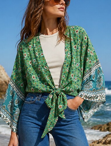 Bohème Boho Hippie Crop Top Manches longues Hippie Fleuri Déguisement Femmes Plage Festival de Musique Adulte Haut Été