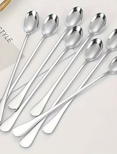  10-teiliges Set aus Edelstahl-Löffeln mit langem Griff, geeignet für Eistee, Kaffee und Eiscreme, spülmaschinenfest, Küchenzubehör, Besteckset