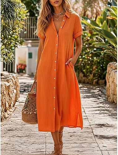  Dam Knälång klänning Klänningar i bomullslinne Vintage Dagligen Semester Normal Slät Kortärmad Tröjkrage Vit Orange Grön Sommar