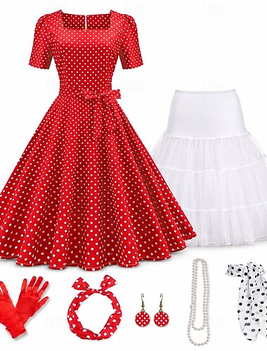  Set Anni 1950 Retrò Vintage Rockabilly Lunghezza Tè Sottogonna Set di accessori Vestito Svasato con accessori Maniche corte Pois Aderente & Svasato Costume Per donna Festival Musicale Festa / Sera Tè