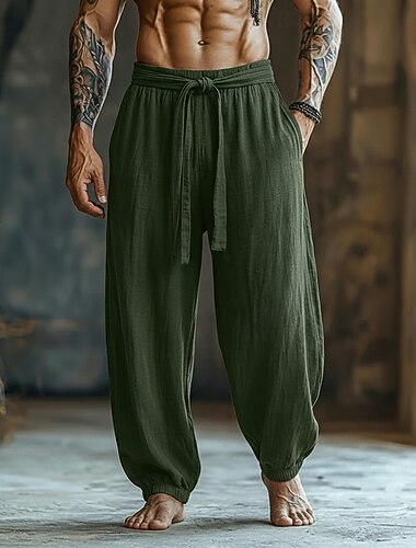 Per uomo Pantaloni di Lino Pantaloni Pantaloni Estivi Pantaloni Larghi Polsino elastico Semplice Comodità Confortevole Lunghezza intera Casuale Quotidiano All'aperto Vacanza Vintage Verde militare