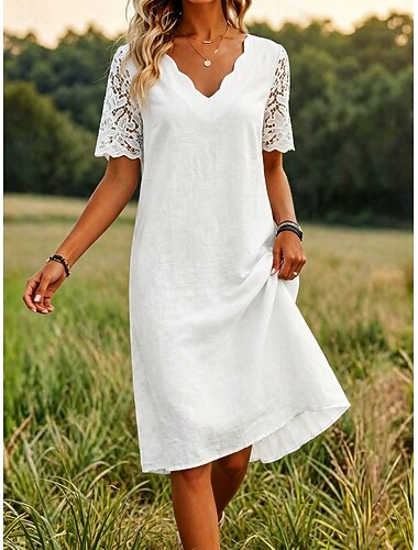  Dames Knielengte jurk Kanten jurk Witte jurk Elegant Modieus Strand Vakantie Feestdagen Normale pasvorm Effen Korte mouw V-hals Wit Zomer Lente