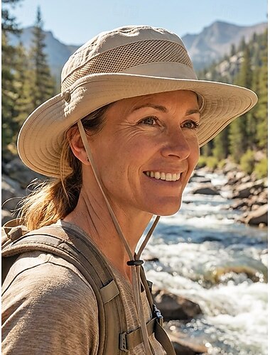  Dameszonnehoed met brede rand, ademende mesh wandelhoed, opvouwbare polyester bucket hat, UV-beschermende outdoor reispet, hoed voor vissen, kamperen, strandvakantie, verkrijgbaar in diverse kleuren.