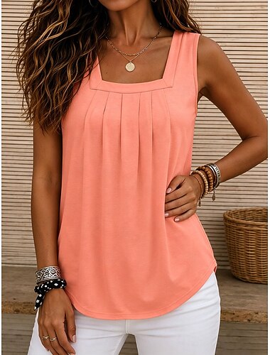  Mulheres Tanque Côr Sólida Vintage à moda Básico Sem Manga Decote Quadrado Tops regulares Casual Diário Azul Branco Laranja Verde Cinzento Verão Primavera