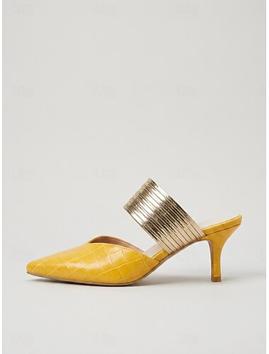 Gele muiltjes met spitse neus voor dames - elegante cocktailschoenen met metallic bandje en stilettohak.