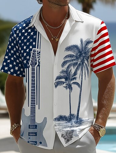  Herre 4. juli USAs 250-årsjubileum Gitar Amerikansk flagg Skjorte Sommerskjorte Tropiske skjorter Kortermet Patriotisk Feriereise Ferie Sommer Vår Aftæpning 3D-utskrift Skjorter med knapper Bl