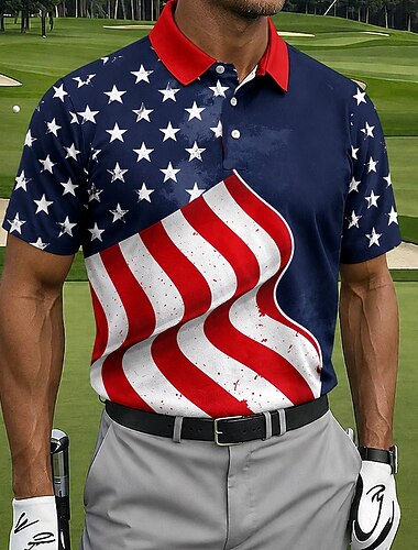  Amerikanska självständighetsdagen Herr Amerikanska amerikanska flaggan Pikétröjor Kortärmad Polotröjor Kavajslag Ledigt Fritids- Dagliga kläder Festival outfit 3D-utskrift Knappar Vår & sommar Blå
