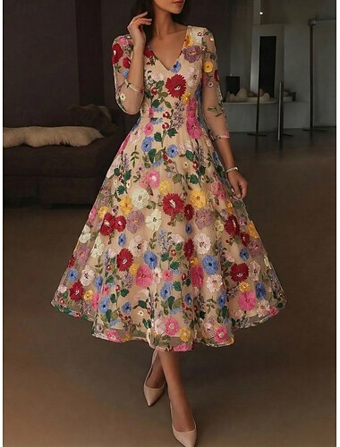  Corte A Hasta el Tobillo Vestido Midi Vestidos de coctel Elegante Vintage Floral Media Manga Escote en Pico Fiesta de jardin Boda Satén Tul Espalda desnuda con Plisado Bordados