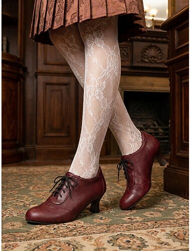  Femmes Quotidien Soirée Stiletto Bout Rond Élégant ancien Faux Cuir À lacets Brun foncé Noir Blanche