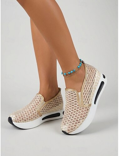  Dams guldfärgade slip-on sneakers i mesh - andningsbara kilklackar, bekväma skor för sommarens dagliga bruk, promenader &resa