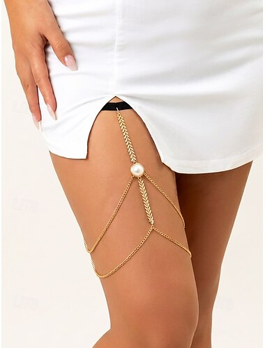  Collana da coscia da donna in lega e perle sintetiche, con fascia elastica, elegante gioiello minimalista per feste, vacanze, serate e occasioni semi-formali.