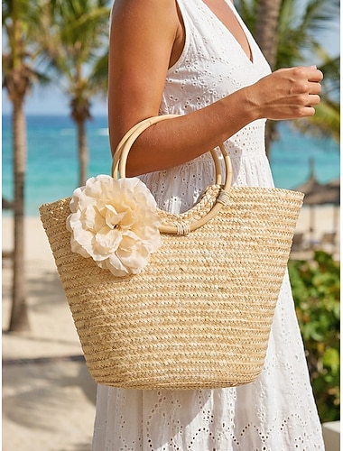  Dames bohemian geweven totebag, veelkleurige handtas met ritssluiting, ringgrepen en 3D-bloem, ideaal voor strandvakantie of dagelijks gebruik.