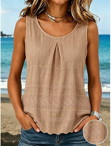  Per donna Gilet in cotone e lino Arricciato Ricamato Tinta unica Elegante Senza Maniche Senza maniche Scollo Tondo Top Regolari Bianco Rosa Viola Kaki Estate Primavera