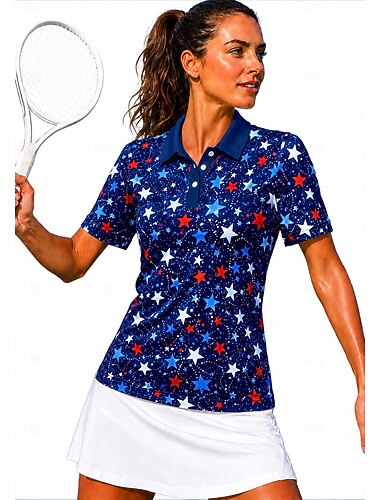  250. rocznica powstania Ameryki Damskie Amerykański / USA Flagi Topy Koszulka sportowa Koszulka polo Koszulka do tenisa Krótki rękaw Kwiaty Guziki UPF50+ Odporny na UV Wysoka elastyczność Odprowadza