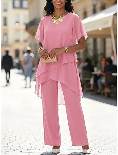  Mulheres Conjuntos de duas peças Chifon Blusa Manga Curta Gola Redonda Tecido Básico Casual Diário Férias Rosa Rosa empoeirada Azul Marinha Verão Normal