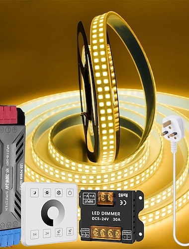  LED-Streifen, 24 V DC, 5 m (32,8 tf), zweireihig, 2835/240 LEDs, flexibel, dimmbar, wasserdicht (IP67), für den Außenbereich, inklusive Netzteil und Dimmer