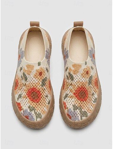  Dames sneakers met gele zonnebloemen, gebreide mesh en instappers - ademende schoenen met een brede pasvorm en een bruine, gestructureerde zool, lichtgewicht en comfortabel casual schoeisel voor