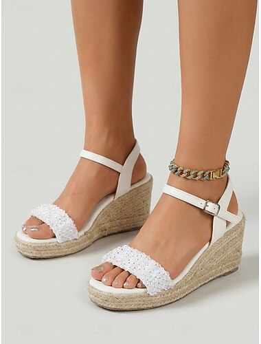  Witte espadrilles met veters en oogjes voor dames - elegante platformhakken met een met jute omwikkelde zool, perfect voor cruisevakanties en zomerfeesten. &eiland resortkleding
