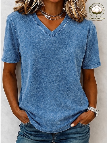  Per donna Maglietta Camicia di cotone Arricciato Semplice Vintage Moda Elegante Manica Corta Scollo a V Top Regolari Casuale Quotidiano Uscire Blu Nero Verde militare Viola Arancione Estate Primavera