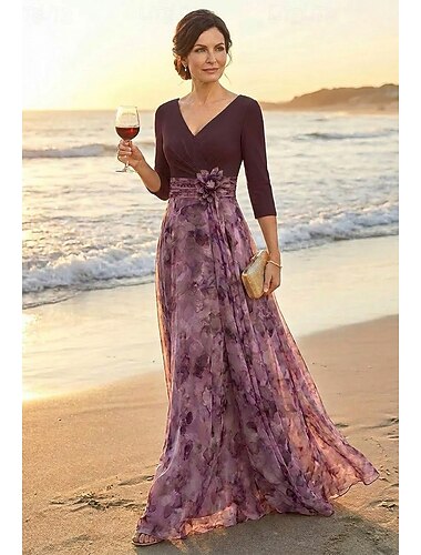  A-Linie Kleid Bodenlang Kleid für Hochzeitsgäste Abendkleid Brautmutterkleid Dreiviertelarm V Ausschnitt Elegant Einfach Verschönert Formell Hochzeitsgast Ferien Chiffon Jacquard Stretch-Crêpe mit