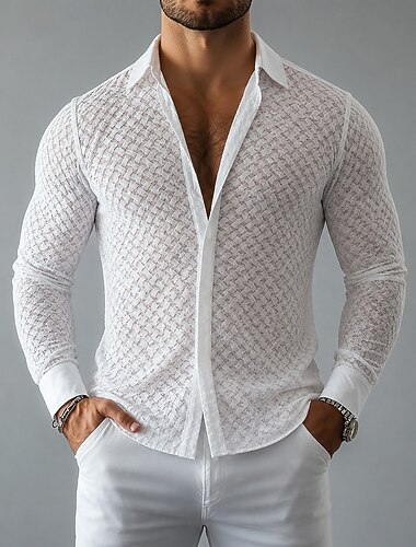  Da uomo Camicia Camicia casual Camicia con Bottoni Camicia Jacquard Nero Bianco Manica Lunga Semplice Testurizzato Colletto a Camicia Casuale Quotidiano Tasca Frontale Abbigliamento Elegante Moda