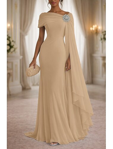  A-Linie Kleid Bodenlang Kleid für Hochzeitsgäste Abendkleid Brautmutterkleid Ärmellos U-Boot-Ausschnitt Elegant Einfach Formell Hochzeitsgast Hochzeitsfeier Chiffon Schals mit Gerafft Perlen