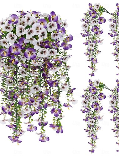  Conjunto de 4 flores artificiais de amor-perfeito para pendurar em áreas externas, flores artificiais para decoração de primavera e verão, plantas artificiais resistentes aos raios UV, flores de seda