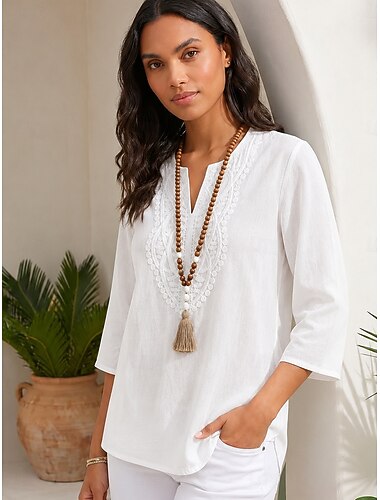  Per donna Blusa Pizzo Tinta unica Elegante Casual Manica 3/4 Collo a V Top Regolari Casuale Quotidiano Bianco Estate Primavera