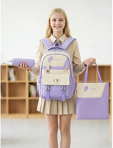  Rugzakset voor studenten in macaronkleuren, ruime polyester schooltas met opbergvak, etui en kleine accessoires, meerkleurig, ideaal voor de start van het schooljaar, tieners en meisjes.