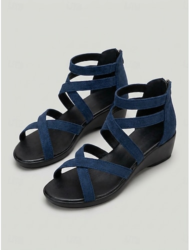  Sandales compensées bleues en imitation daim pour femmes - chaussures décontractées à brides multiples et fermeture éclair à l'arrière, légères et à bout ouvert, idéales pour les voyages d'été et le