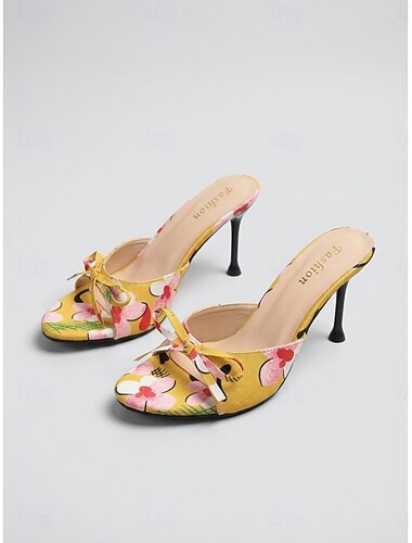  Dames muiltjes met een levendige gele bloemenprint en hak - elegante stiletto sandalen met strikdetail voor zomervakanties en tropische avondfeesten &diners tijdens een tropische vakantie