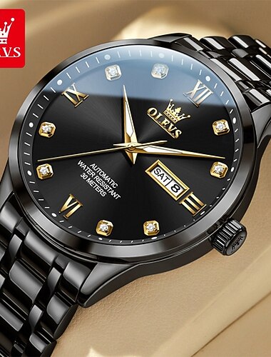  Relógio masculino automático Olevs, luxo, preto, em aço inoxidável, mecânico, de corda automática, à prova d'água, para uso profissional, com mostrador em algarismos romanos e diamantes. Ideal para