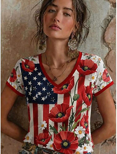  Amerikanischer Unabhängigkeitstag Damen T Shirt Druck Blumen Grafik Buchstabe Stilvoll Klassisch Lässig Kurzarm V Ausschnitt Normale Oberteile Lässig Täglich Blau Schwarz Rote Marineblau Sommer