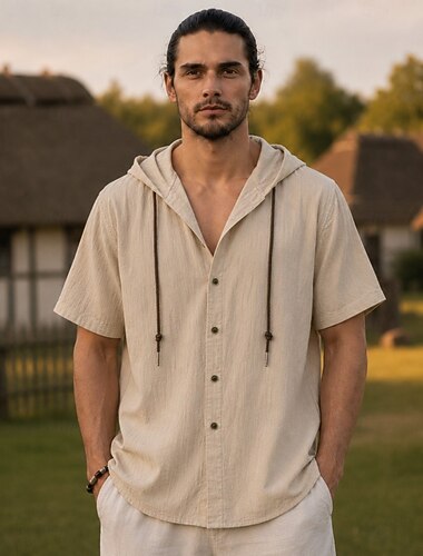  Medieval Renascentista Camisa Mangas curtas Viking Tecido composto por 95% linho. Fantasia Homens Dia Das Bruxas Carnaval Espetáculo LARP Ren Faire Adulto Camisa Verão