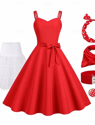  Conjunto Anos 50 Retro Vintage Longuette Vestidos Anágua Vestido swing com acessórios Justo & Evasê Fantasia Mulheres Carnaval Baile de Máscaras Festival de Música Festa de Chá Adulto Vestido
