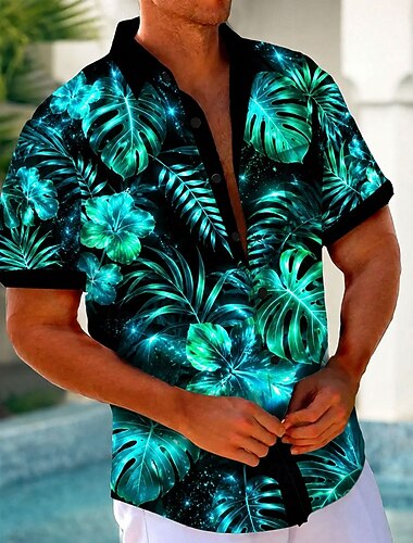  Hombre Plantas tropicales Resplandor de neón Flor Camisa camisa hawaiana Camisas tropicales Manga Corta Hawaiano vacaciones en la playa Verano Primavera Cuello Vuelto Impresión 3D Un bolsillo