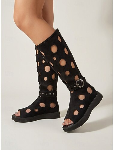  Zwarte kniehoge laarzen voor dames met uitsparingen - gotische retro open teenschoenen met een uitgehold ontwerp. &Gespband voor openluchtmuziekfestivals en zomerraves &steampunk outfits