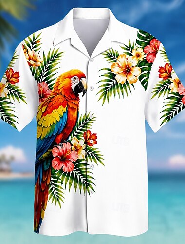  Męskie Papuga Palma kokosowa Rośliny Tropikalne Koszula hawajska Koszule tropikalne Koszula Aloha Krótki rękaw Hawajskie Codzienny wakacje na plaży Lato Wiosna Wieczorne Druk 3D Koszule zapinane na