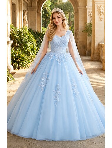 Abito da ballo Lunghezza al pavimento Abiti da Ballo Principessa Sbuffato Manica Corta Scollo a V Performance Festa dei 18 anni Tulle con Applicazioni